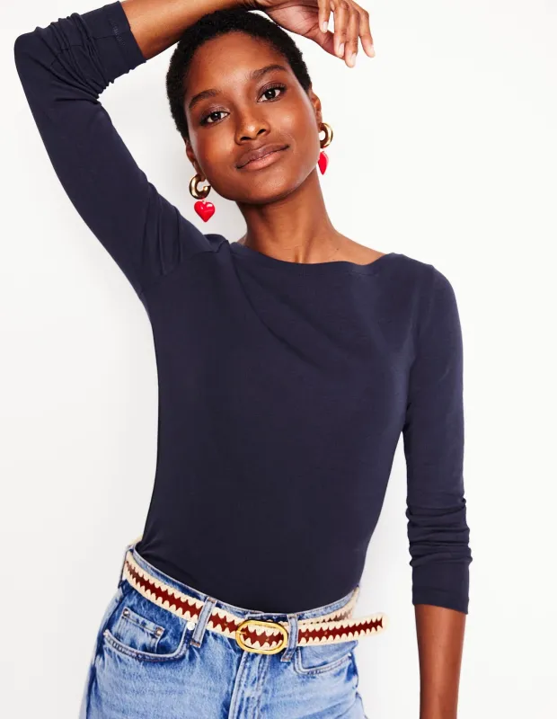 Essential Jersey-Oberteil mit U-Boot-Ausschnitt-Aqua Marine Marl made by Boden