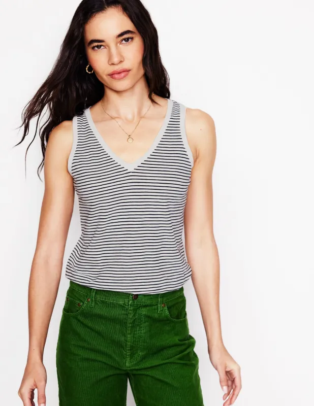 Flammgarn-Top mit V-Ausschnitt-Marineblau, Naturweiß Gestreift sold by Boden