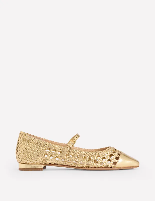 Penelope Flache Mary Janes-Gold Gewebtes Leder made by Boden
