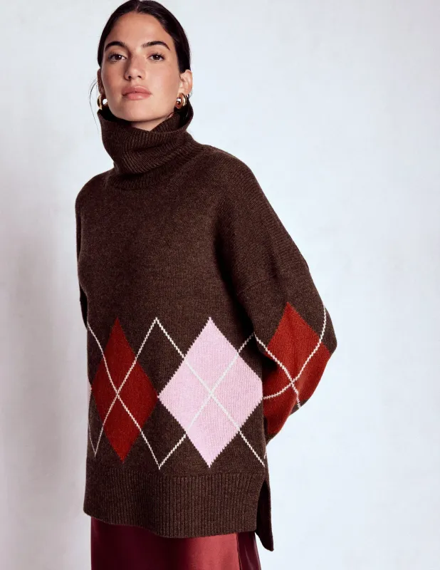 Polly Merino-Rollkragenpullover-Braun, Rosa Argyle made by Boden