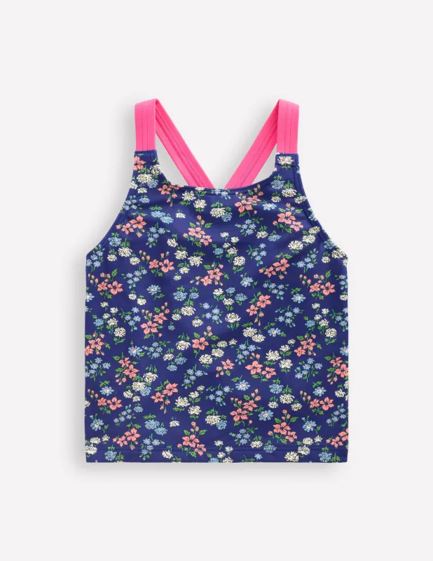 Tankini-Oberteil mit gekreuzten Rückenträgern-Saphirblau Wiese Blumenmuster made by Boden