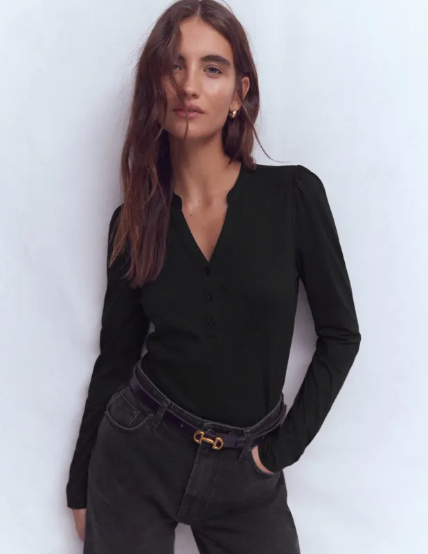 Superweiches Oberteil mit offenem Henley-Kragen-Schwarz made by Boden