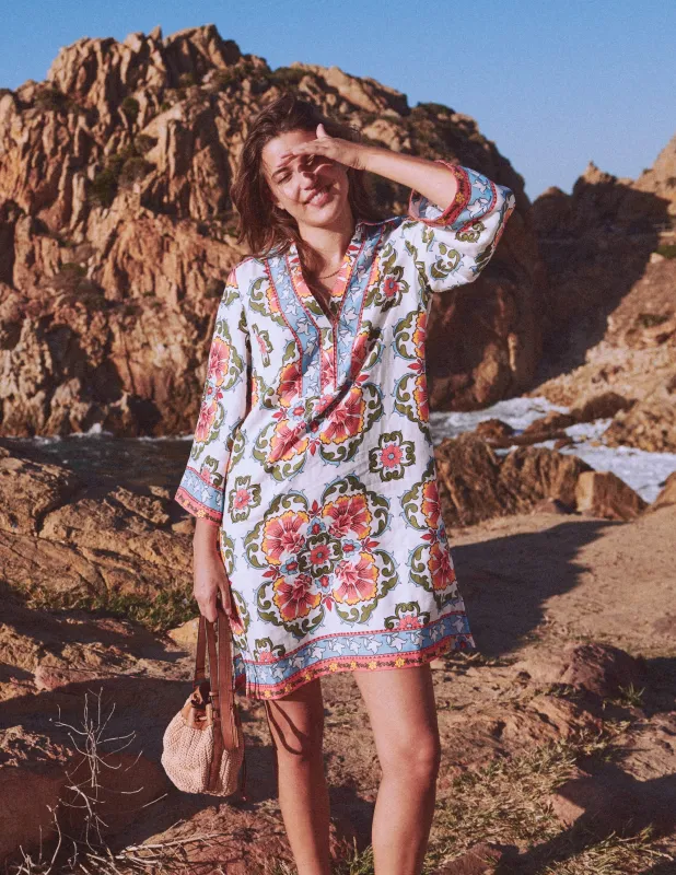 Carmen Kurzes Leinenkleid-Bunt, Zierspalier made by Boden