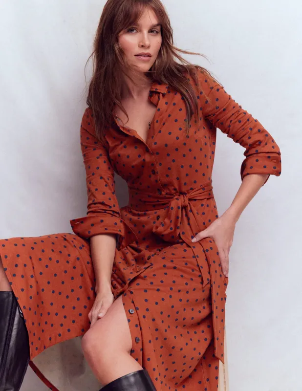 Marcia Jersey-Hemdblusenkleid-Braun-Orange, Marineblau Tupfen made by Boden