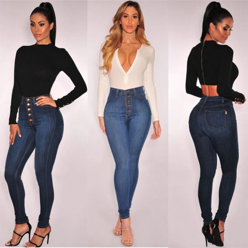 High Waisted Skinny Denim Stretch Slim Calf Length Jeans sold by Body Central