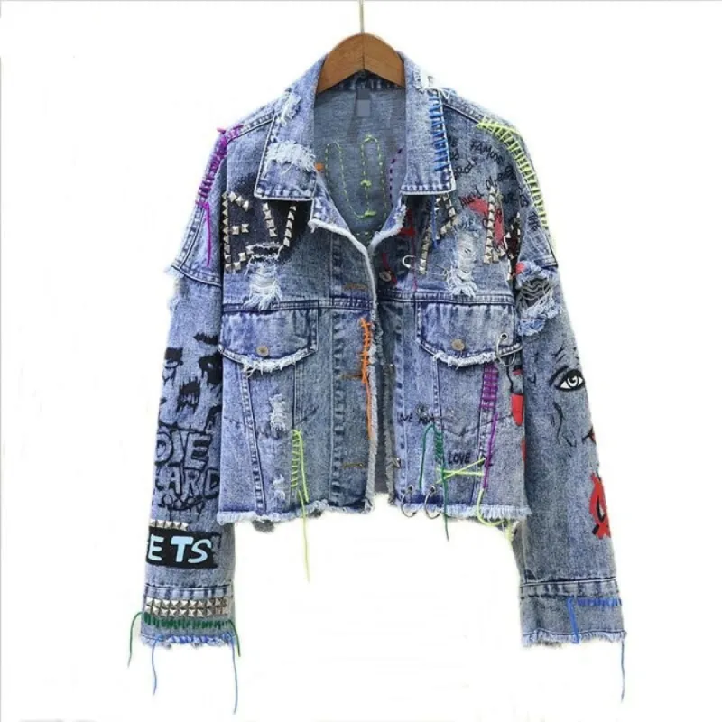Denim Graffiti Rivet Girl Outerwear Jacket sold by Body Central
