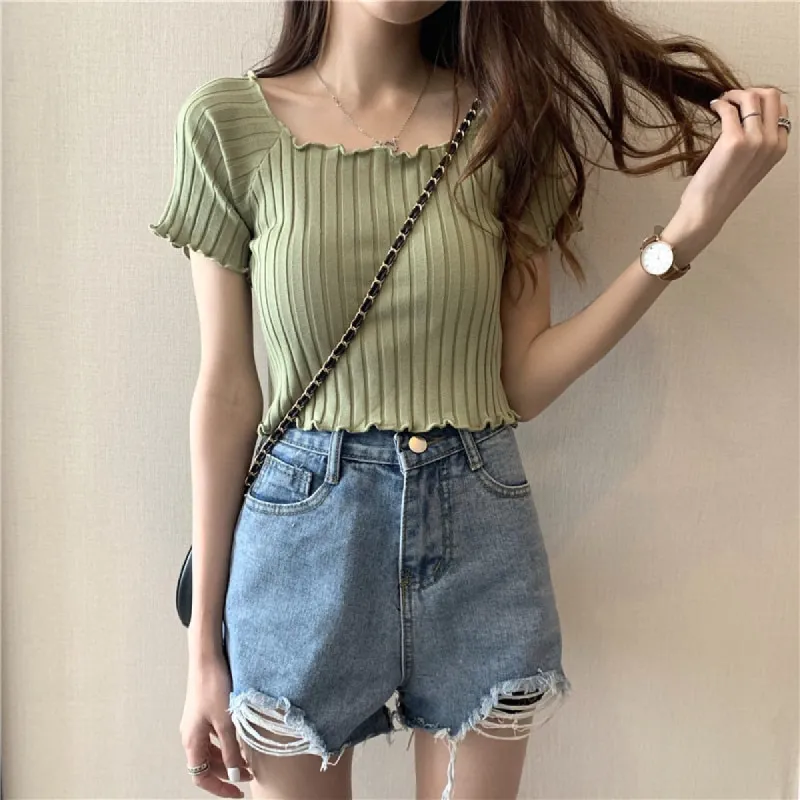 Off Shoulder Knitting Short Sleeve Stretchy Ruffles Stripes Top sold by Body Central