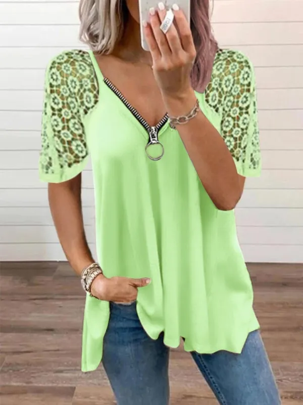 Lace Patchwork Short Sleeve Zipper V Neck Elegant Loose Shirt sold by Body Central