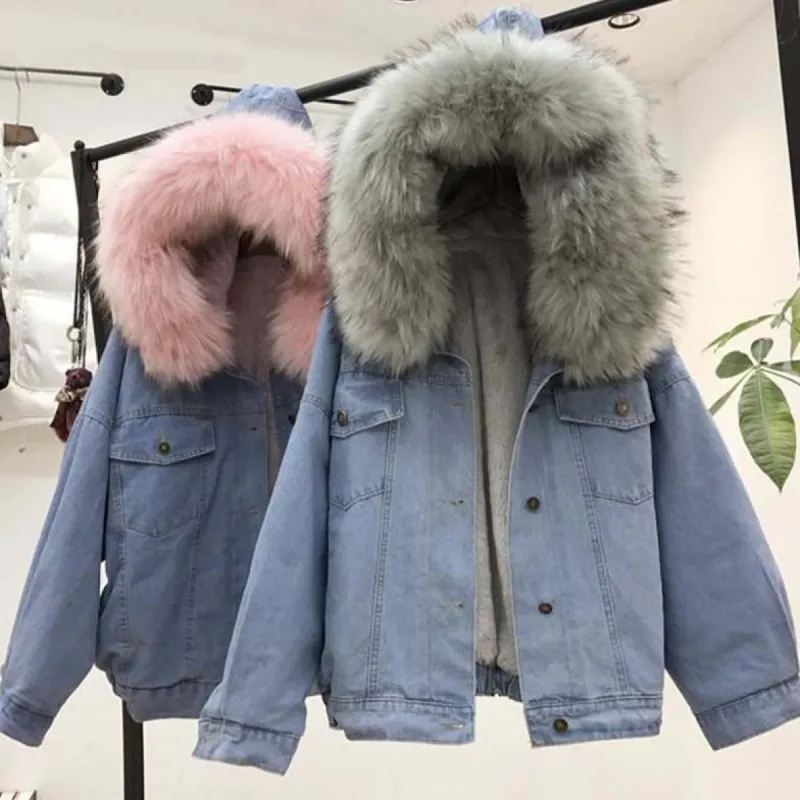 Women's Denim Winter Faux Fur Collar Padded Warm Hooded Velvet Coat sold by Body Central