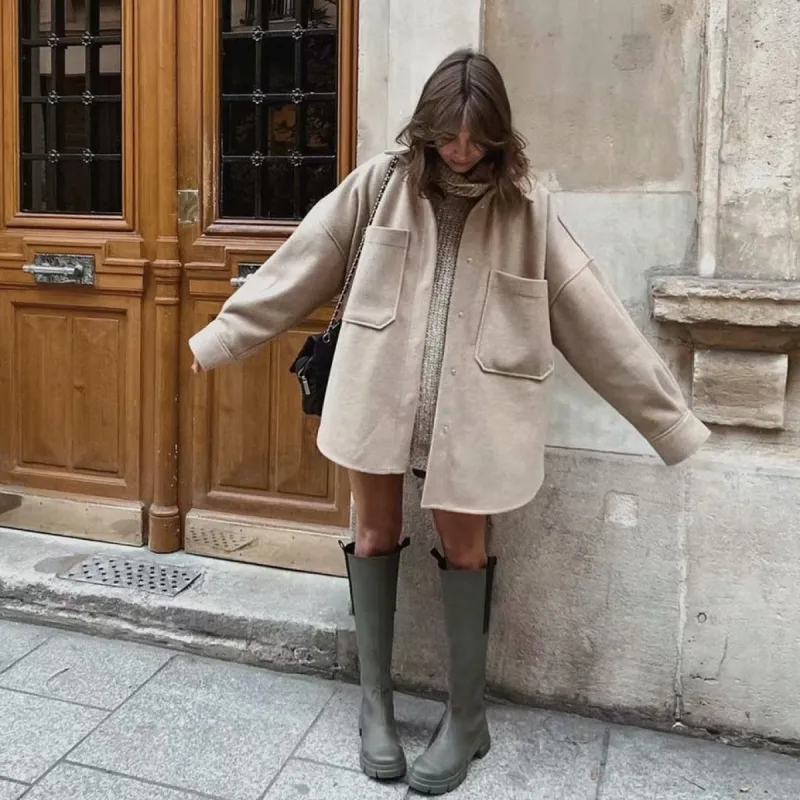 Loose Pocket Woolen Long Sleeve Thick Coat sold by Body Central