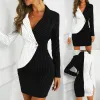 Casual Work Formal Dress with Solid Turn Down Neck Long Sleeve Buttons sold by Body Central