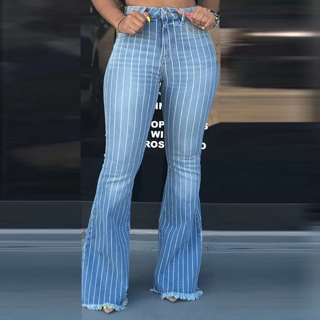Flare Slim Wide Leg Stretchy Striped Denim Ruffles Belt Tassel Jeans sold by Body Central product image thumbnail 2