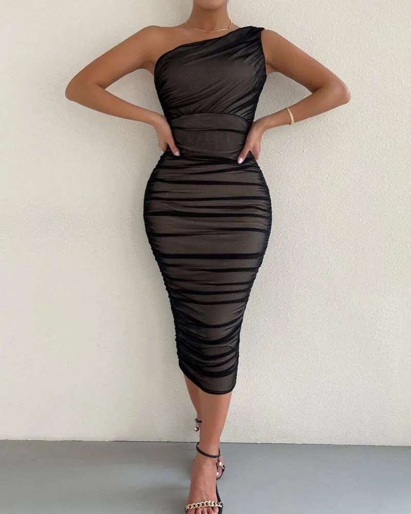 Double Layer Mesh One Shoulder Backless Midi Dress sold by Body Central product image thumbnail 4