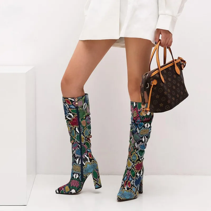 Colorful High Heels Thick Mid-calf Distressed Pointed Toe Zip Pleated Boots sold by Body Central