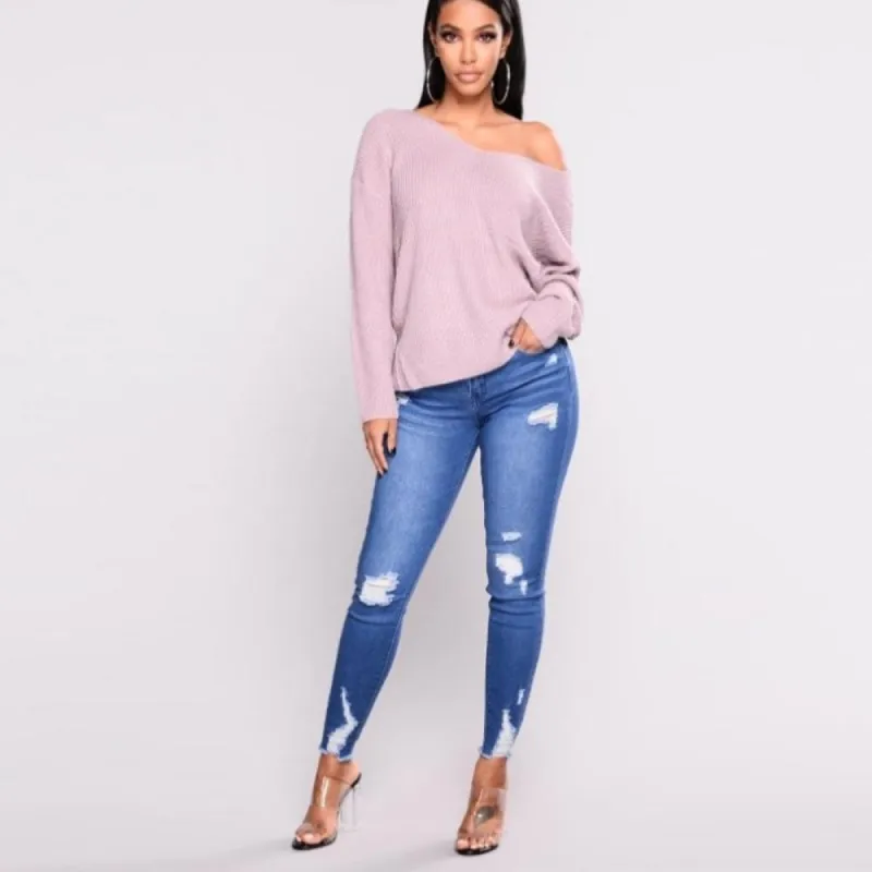High Waist Slim Hole Ripped Denim Stretch Jeans sold by Body Central