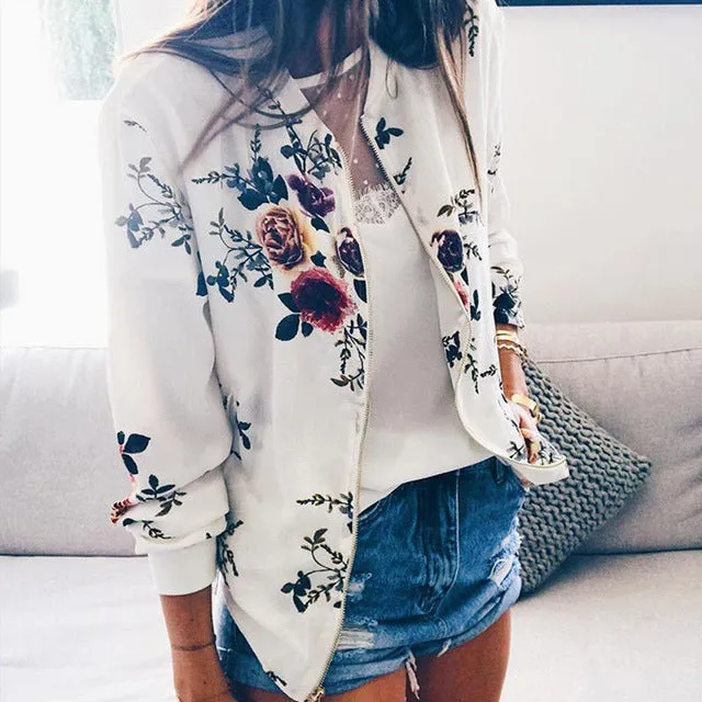 Floral Bomber Short Zipper Long Sleeve Jacket sold by Body Central product image thumbnail 4