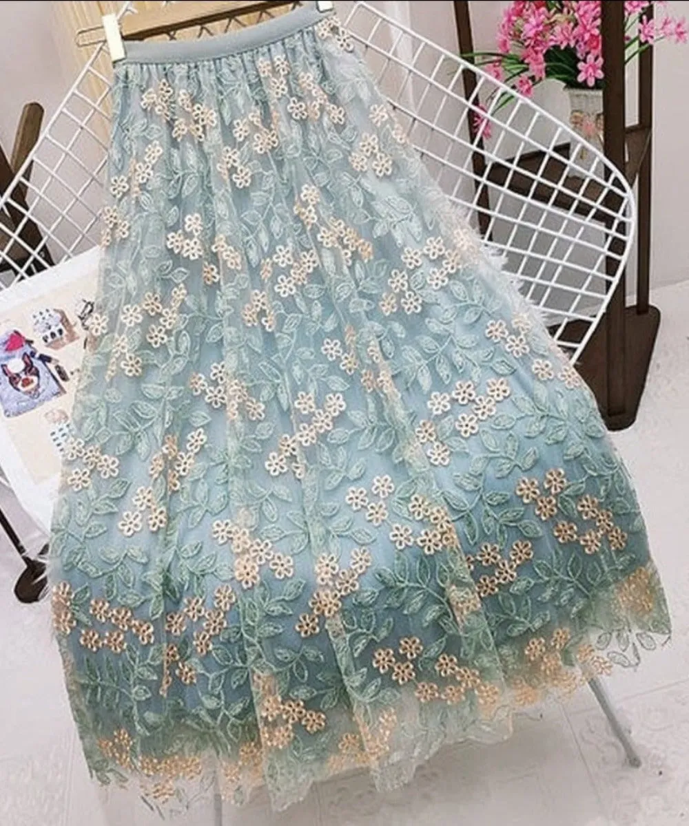 Floral Elastic High Waist Mesh Midi Skirt sold by Body Central