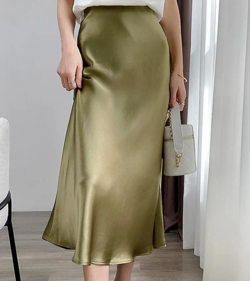 Satin Silk Midi A-line Long High Waist Skirt sold by Body Central