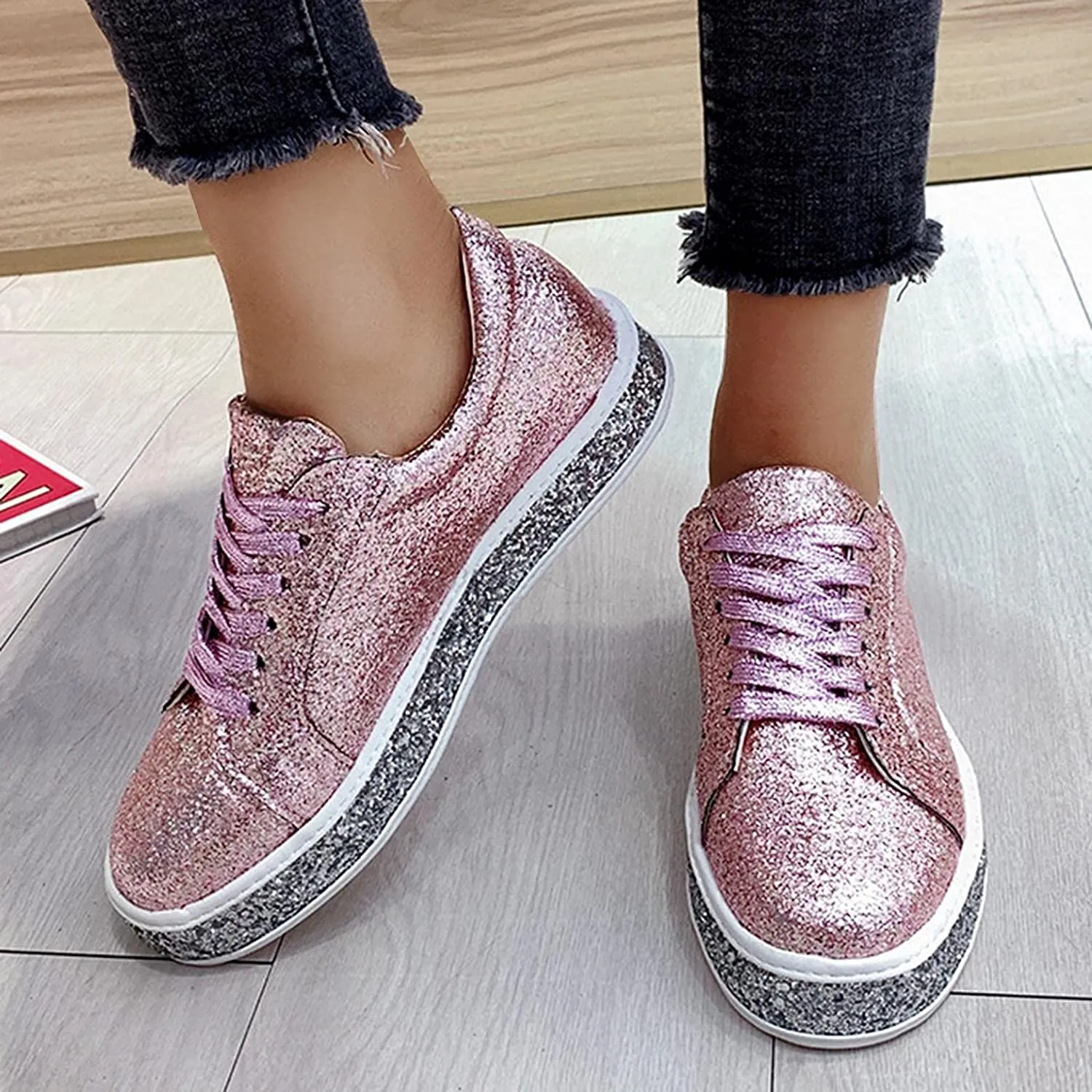 Platform Glitter Sequin Lace Up Chunky Bottom Slip On Leather Sneakers sold by Body Central product image thumbnail 3