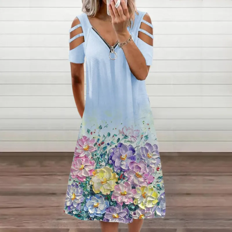 Zipper Floral Short Sleeve V Neck Hollow Out Dress sold by Body Central