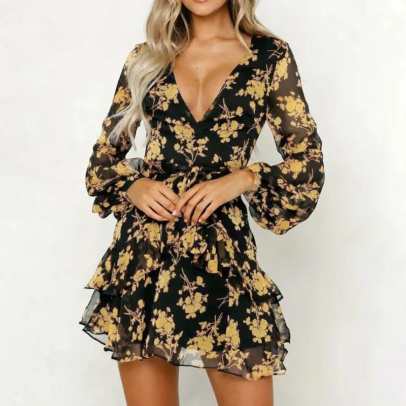 Floral Leaf Lantern Sleeve Empire Mini Dress sold by Body Central