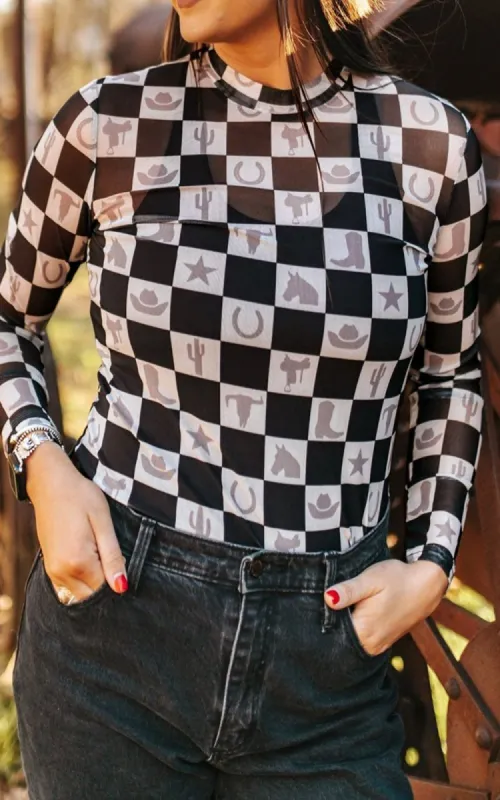 Checkered Mock Neck Long Sleeve Top sold by Body Central
