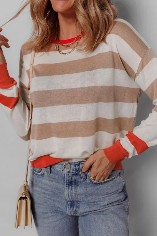 Contrast Striped Round Neck Drop Shoulder Knit Top sold by Body Central