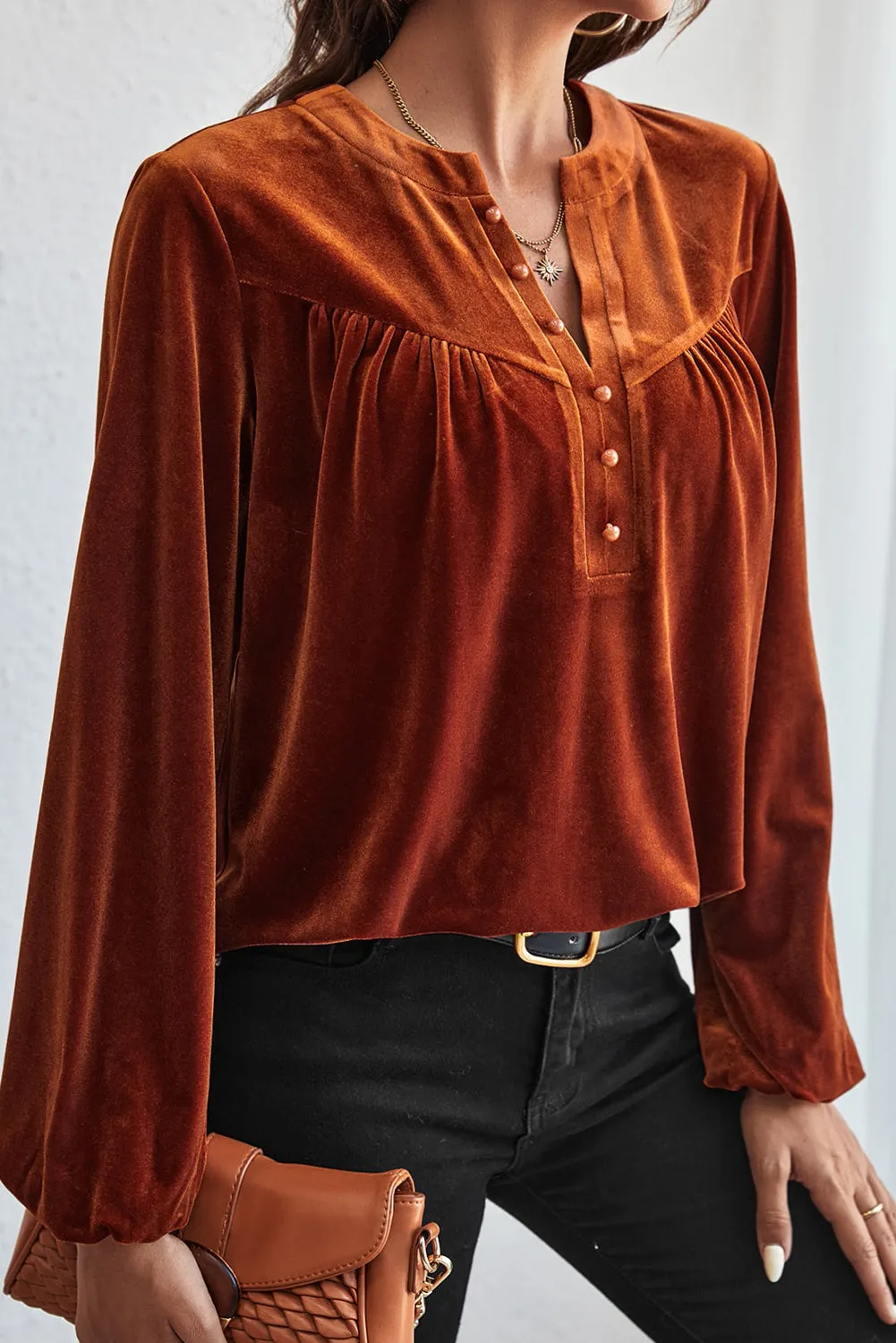 Ruched Decorative Button Notched Blouse sold by Body Central product image thumbnail 3