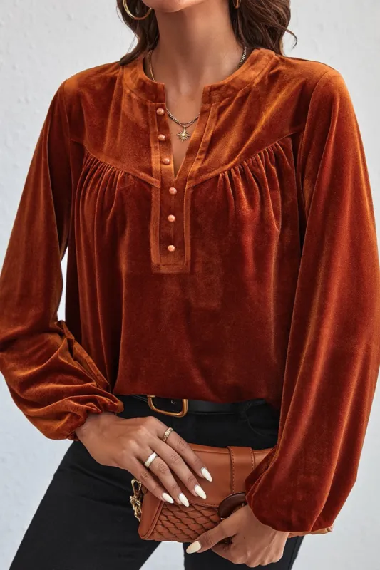 Ruched Decorative Button Notched Blouse sold by Body Central