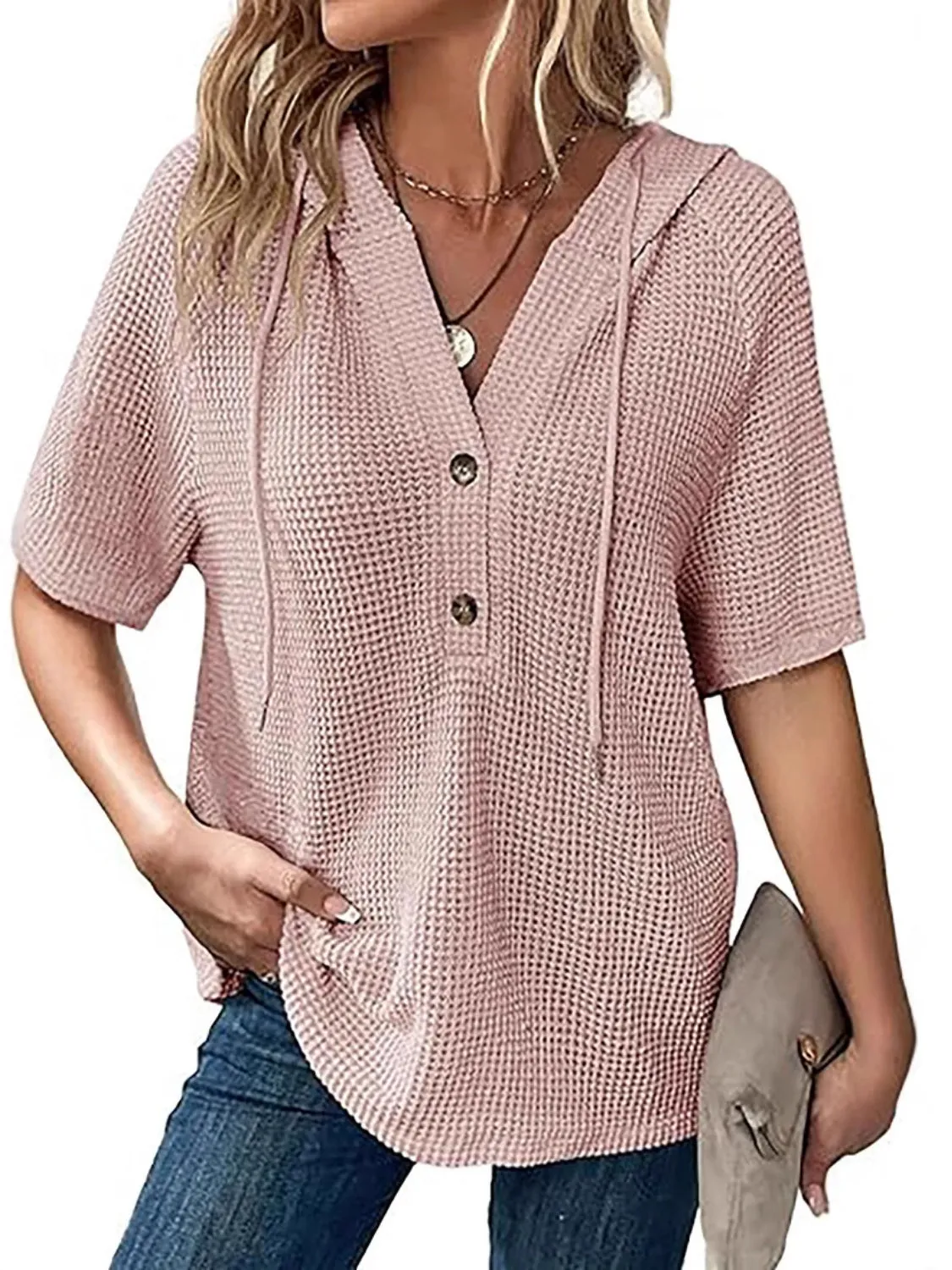 Waffle-Knit Hooded Short Sleeve Blouse sold by Body Central product image thumbnail 2