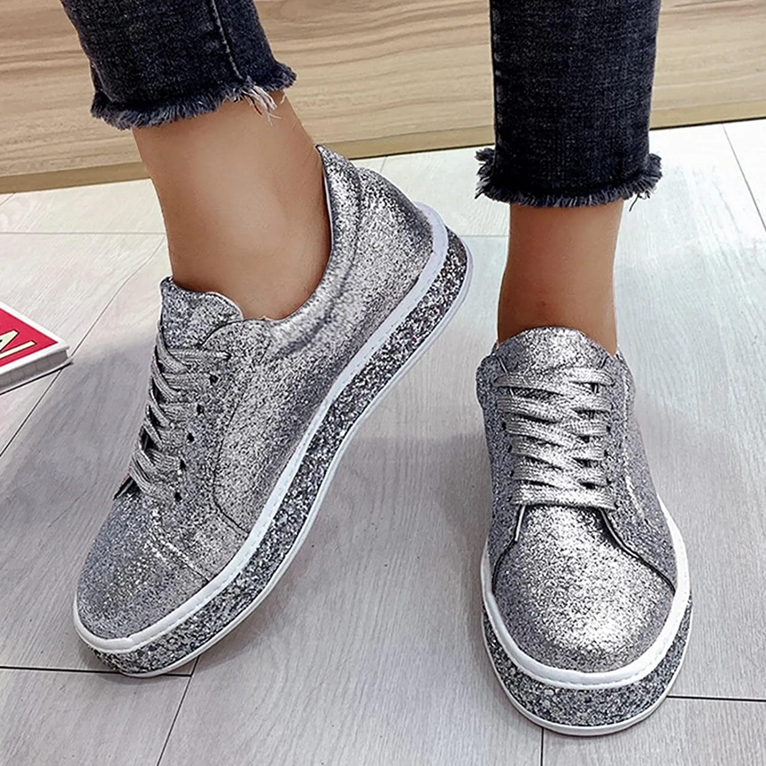 Platform Glitter Sequin Lace Up Chunky Bottom Slip On Leather Sneakers sold by Body Central