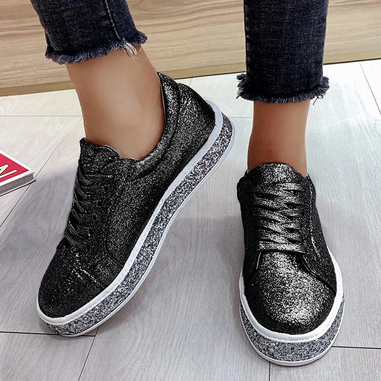 Platform Glitter Sequin Lace Up Chunky Bottom Slip On Leather Sneakers sold by Body Central product image thumbnail 5