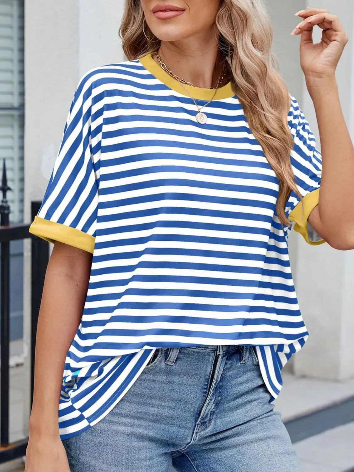 Striped Round Neck Half Sleeve T-Shirt sold by Body Central