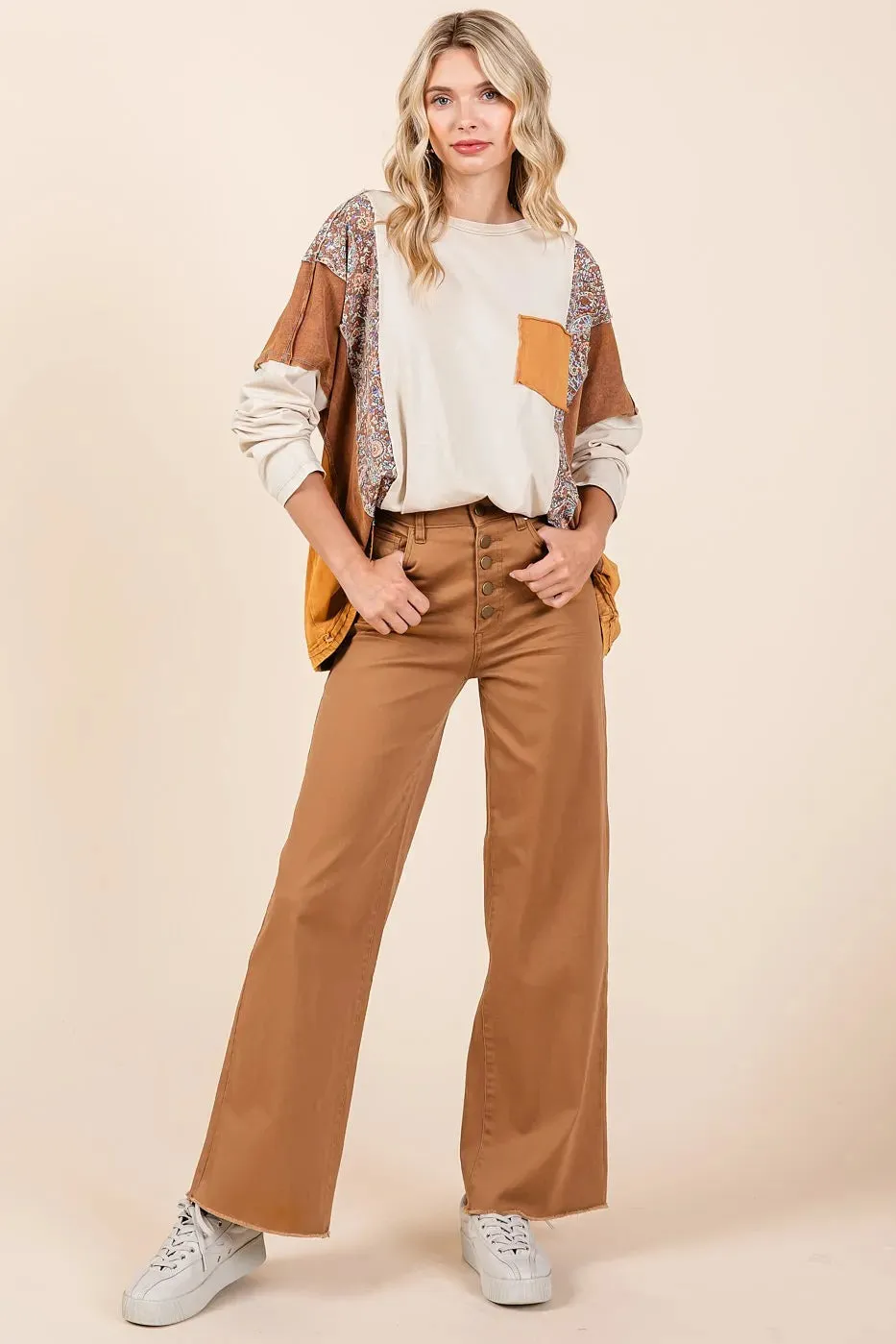 Twill High Waisted Button Fly Wide Leg Pants sold by Body Central product image thumbnail 4