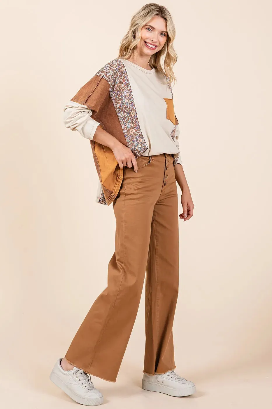 Twill High Waisted Button Fly Wide Leg Pants sold by Body Central product image thumbnail 5
