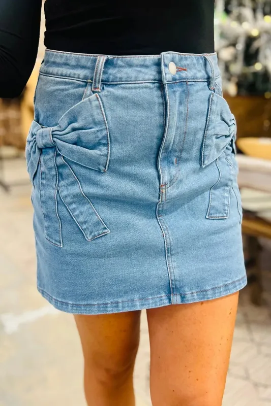 Acid Wash Bowknot Details High Waist Denim Skirt sold by Body Central