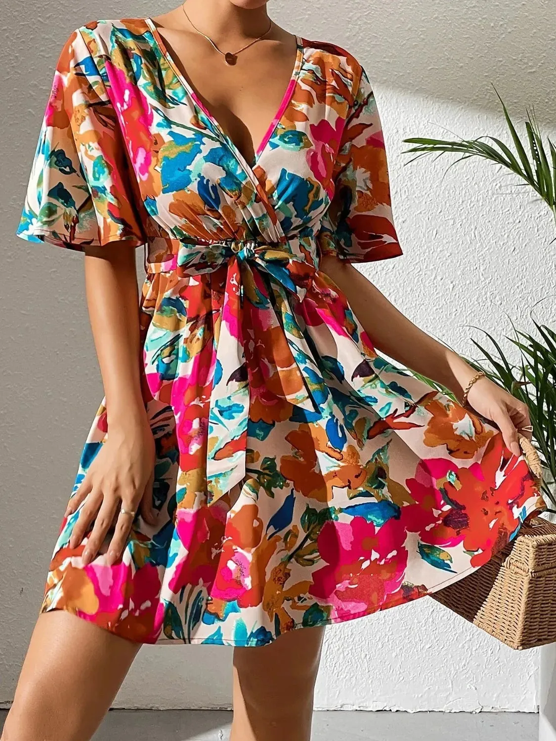 Printed Surplice Short Sleeve Mini Dress sold by Body Central product image thumbnail 5