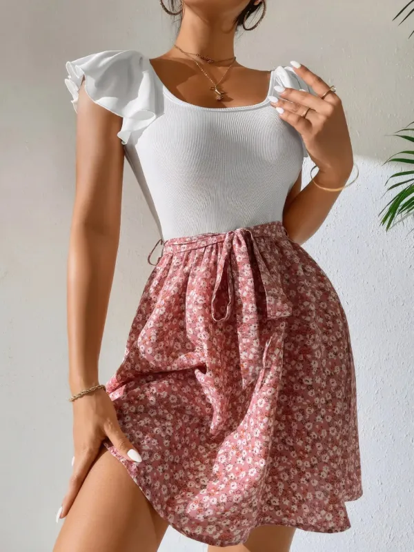 Ruffled Scoop Neck Cap Sleeve Floral Dress sold by Body Central
