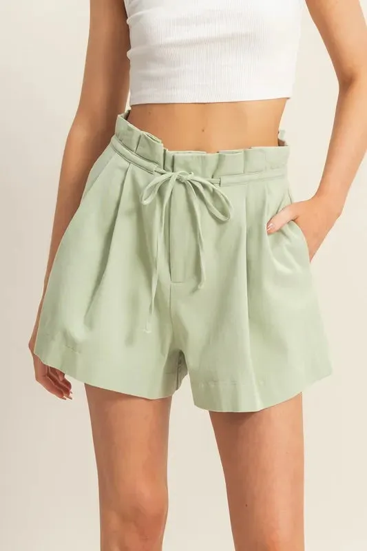 High-Waisted Washed Twill Paperbag Shorts sold by Body Central