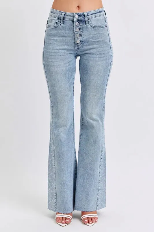Full Size Mid Rise Rhinestone Side Panel Detail Flare Jeans Plus Size sold by Body Central