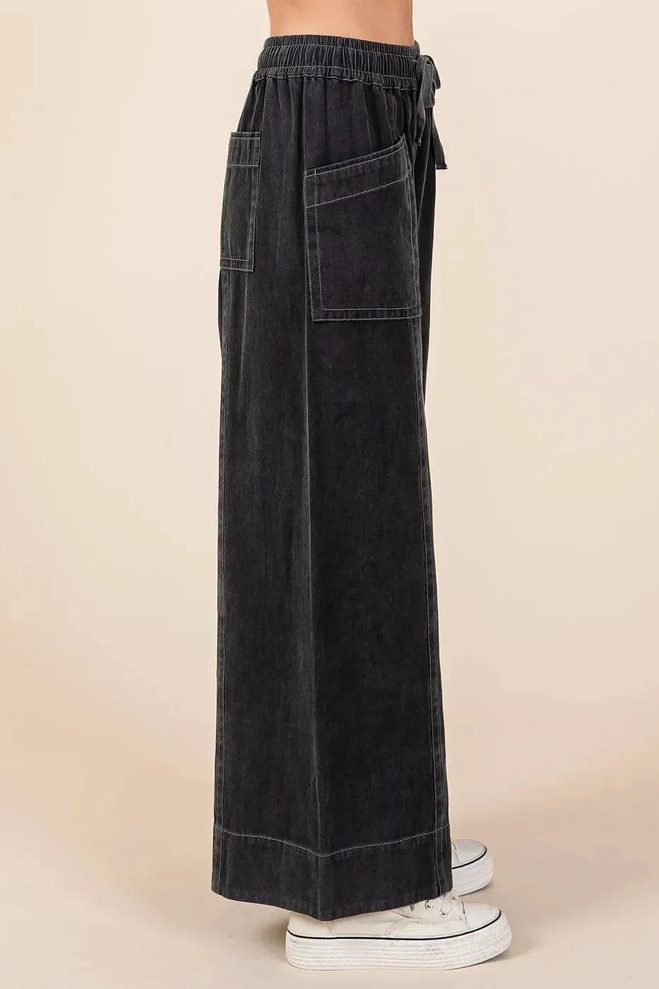 Mineral Wash Wide Leg Elastic Waist Twill Pants sold by Body Central product image thumbnail 3