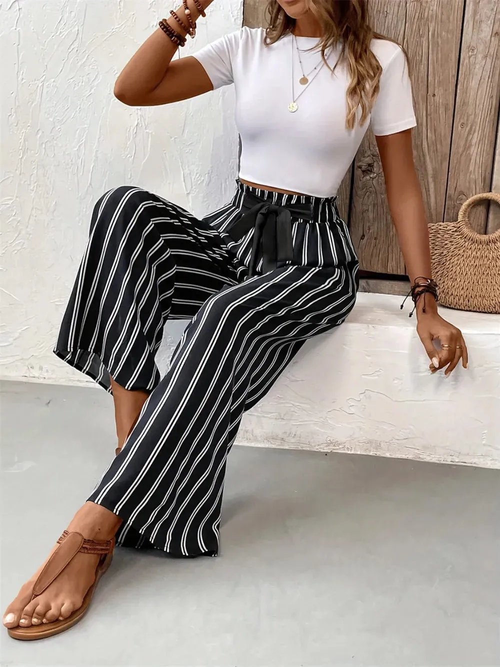 Striped High Waist Wide Leg Pants sold by Body Central product image thumbnail 5
