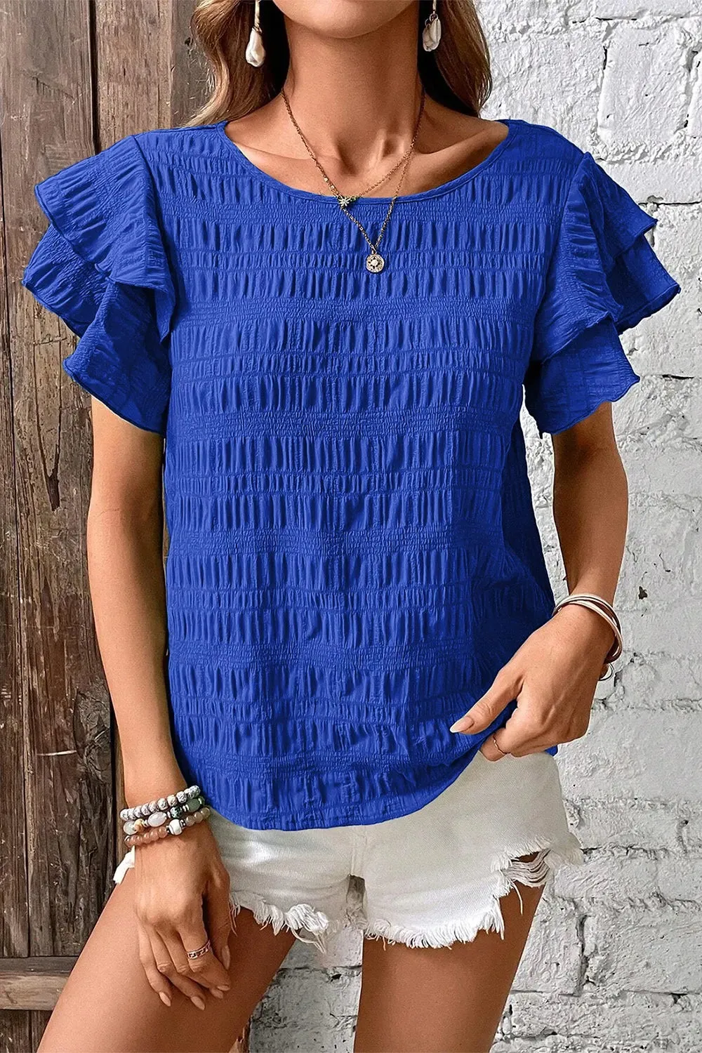 Round Neck Ruffle Sleeve Blouse sold by Body Central product image thumbnail 4