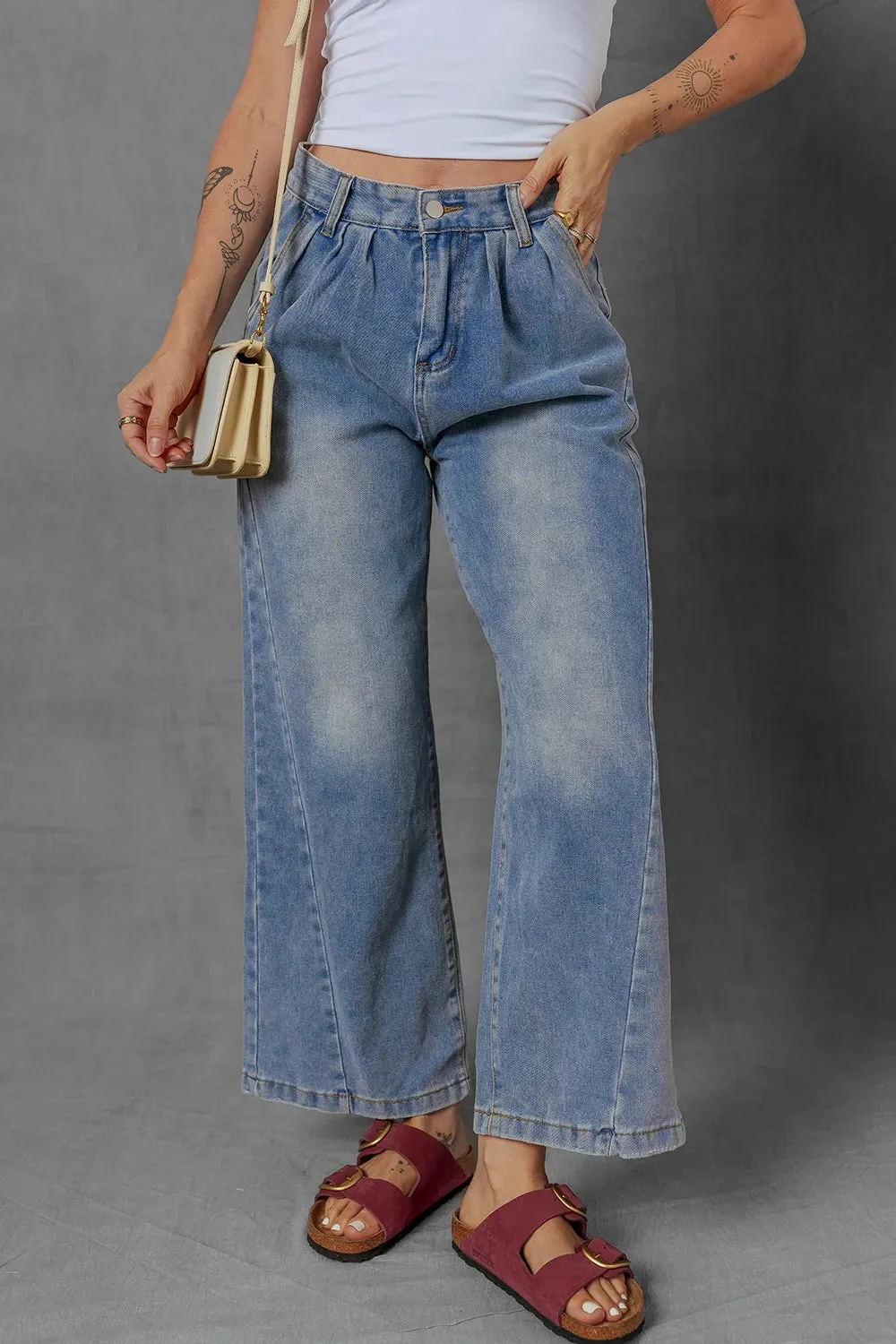 High-Waist Wide Leg Pleated Denim Jeans sold by Body Central