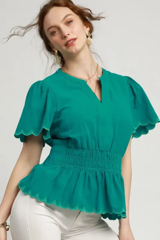 Scalloped Edge Flutter Sleeve Blouse sold by Body Central