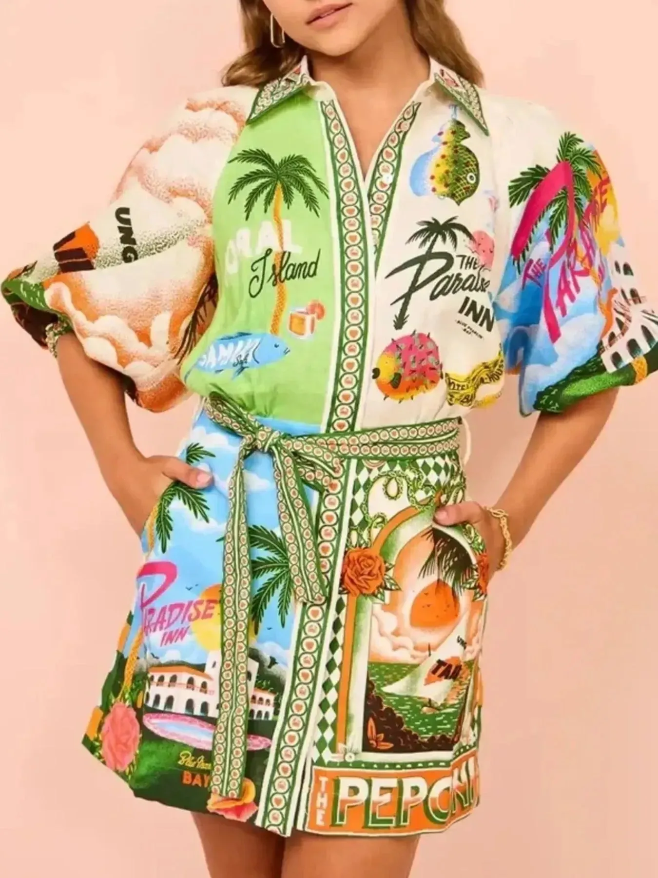 Tropical Print Button Up Shirt Dress sold by Body Central