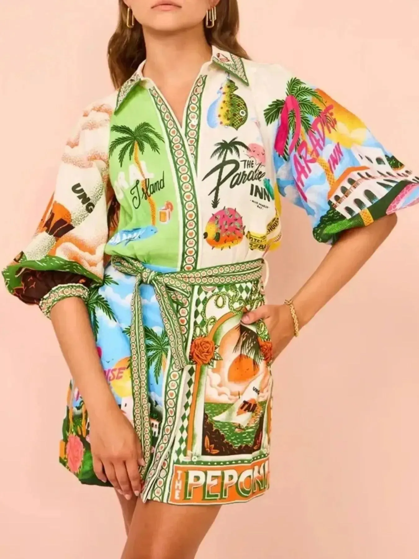Tropical Print Button Up Shirt Dress sold by Body Central product image thumbnail 2
