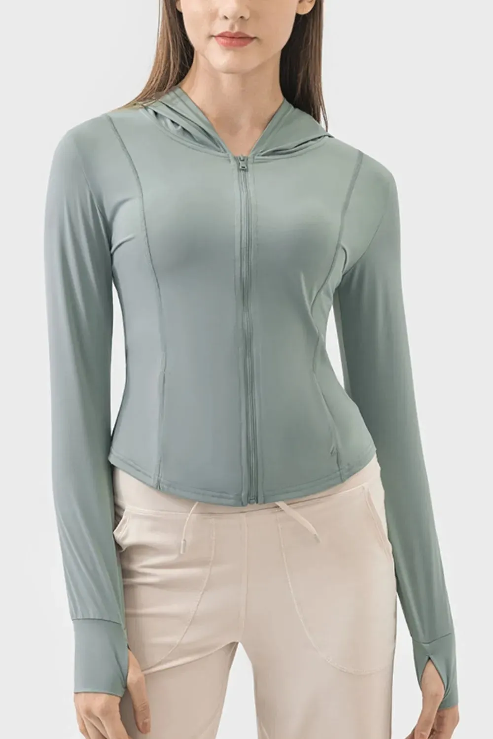 Pocketed Zip Up Hooded Long Sleeve Active Outerwear sold by Body Central