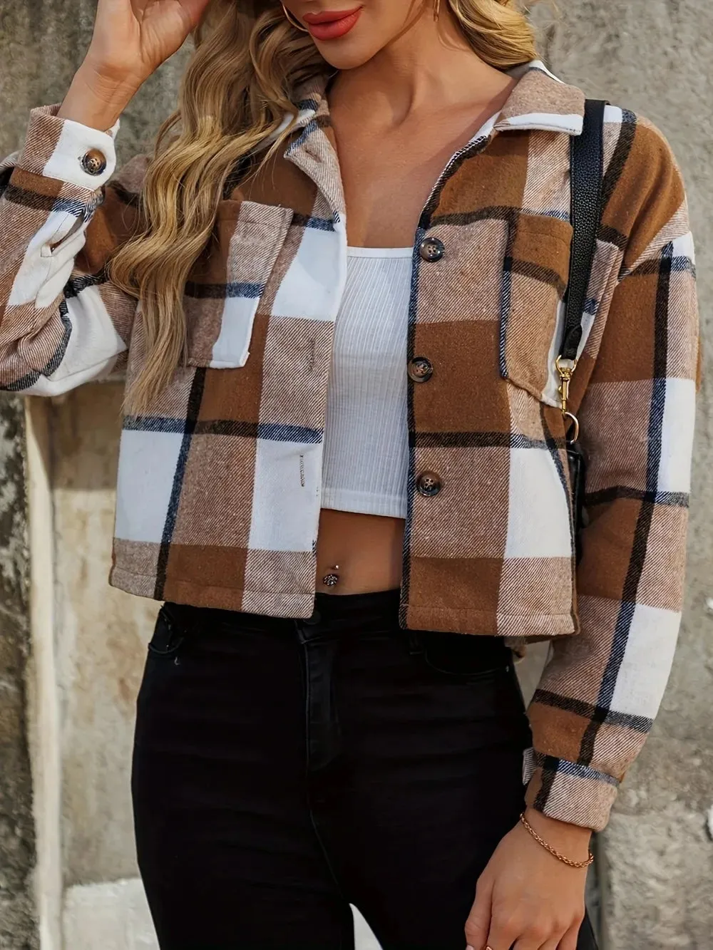 Plaid Collared Neck Cropped Jacket sold by Body Central