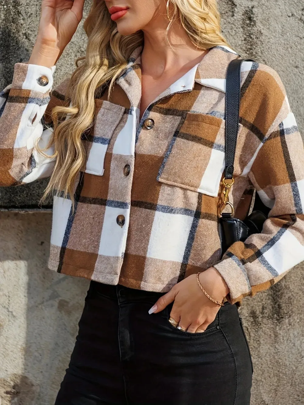 Plaid Collared Neck Cropped Jacket sold by Body Central product image thumbnail 2